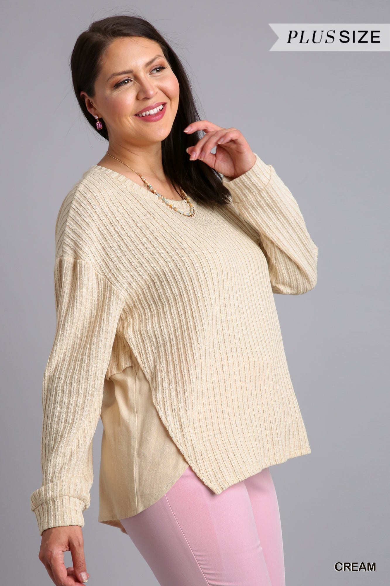 Cream Ribbed Knit Long Sleeve Top 