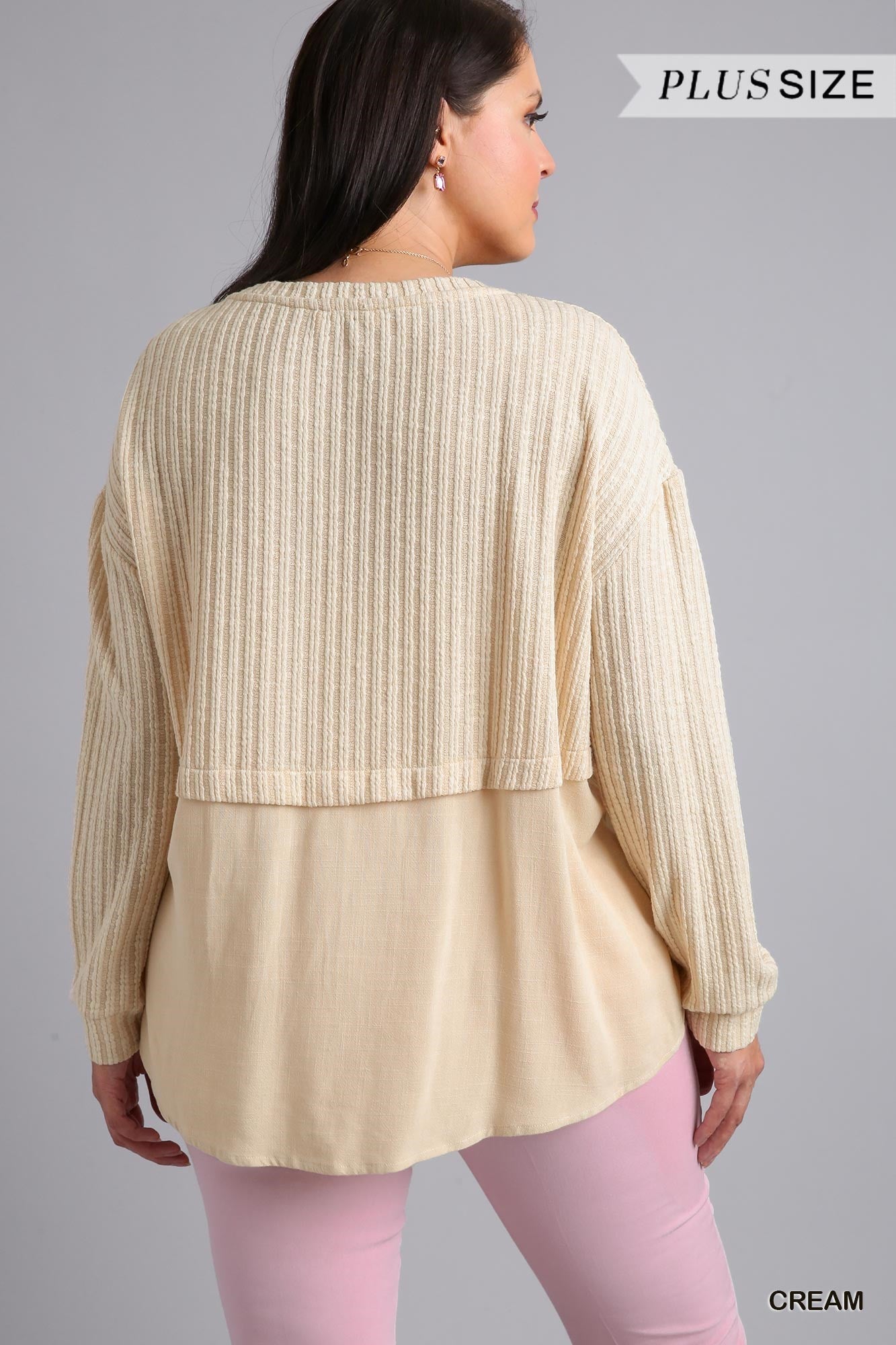 Cream Ribbed Knit Long Sleeve Top 