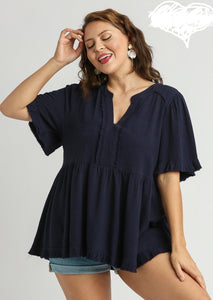 Navy Linen V-Neck Pleated Top with Ruffle Sleeves and Fray Detail