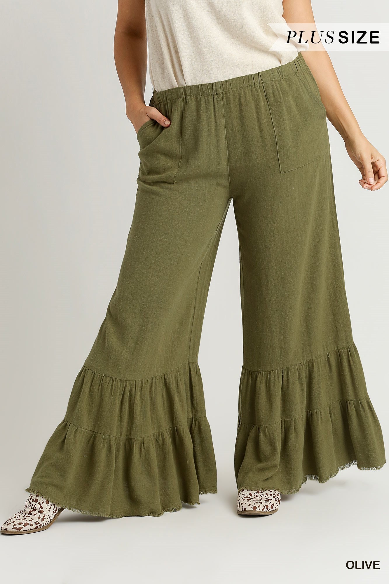 Olive Linen Ruffle Leg Pant 