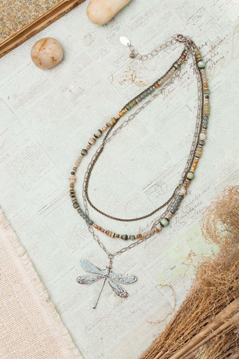 Wisdom Within 16.5-18.5&quot; Czech Glass, Caribbean Calcite Shell With Patina Dragonfly Pendant Multistrand Necklace