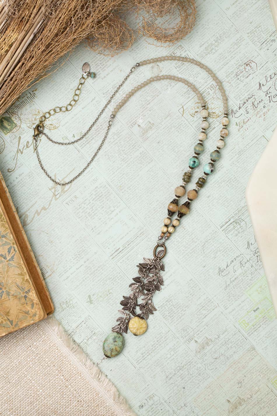 Wisdom Within 27-29&quot; Peruvian Turquoise, Calcite, Peruvian Opal With Czech Glass Flower And Amazonite Cluster Necklace