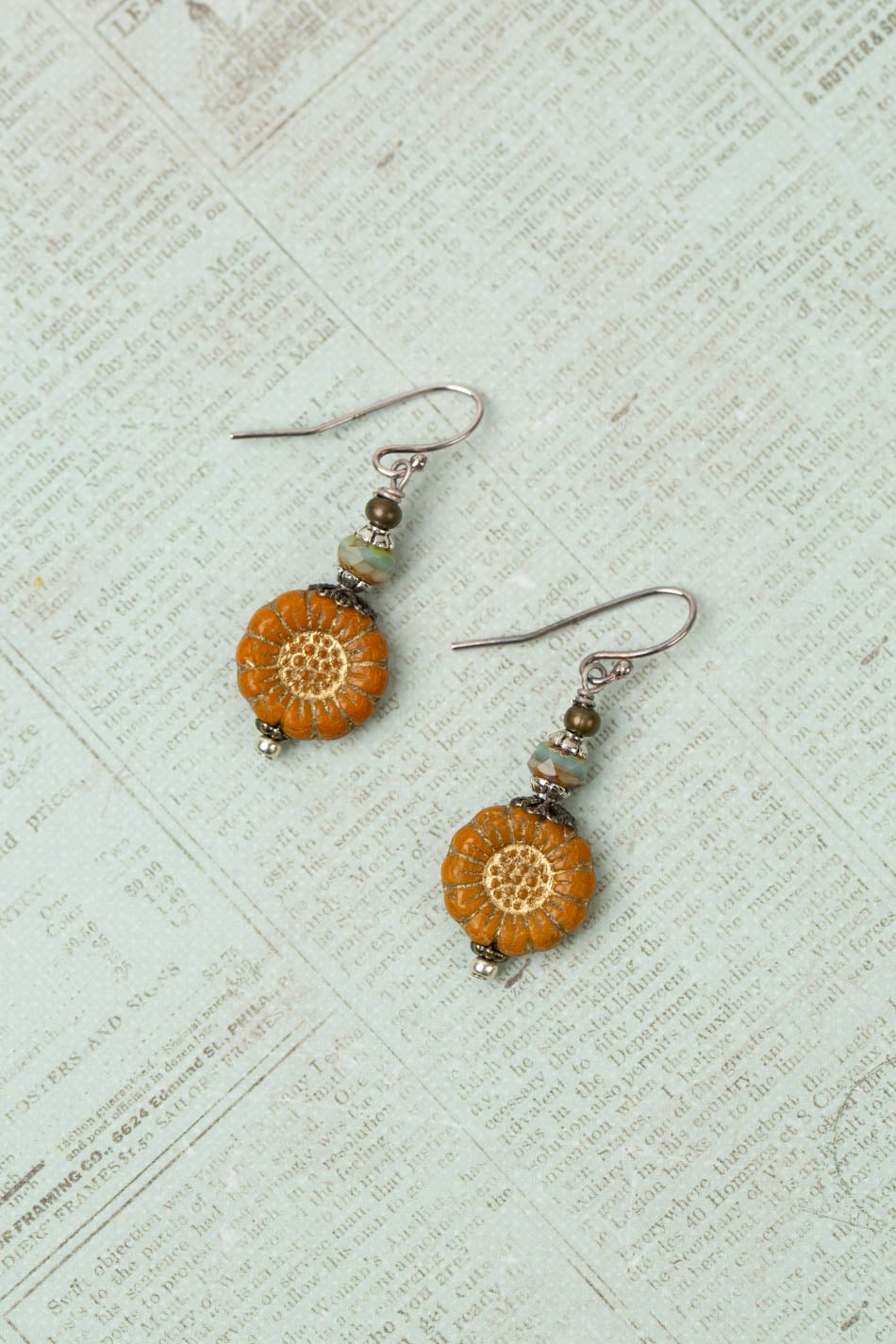 Wisdom Within Turquoise, Antique Brass With Orange Czech Glass Sunflower With Gold Etching Simple Earrings