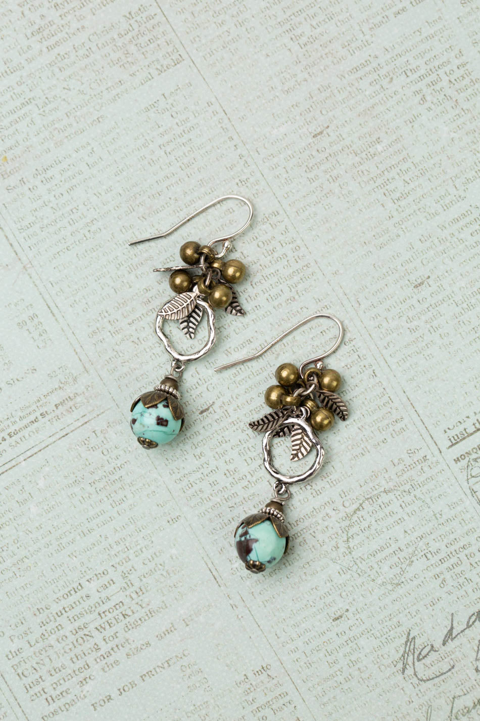 Wisdom Within Antique Silver Plated Brass Leaves With Peruvian Turquoise Cluster Earrings