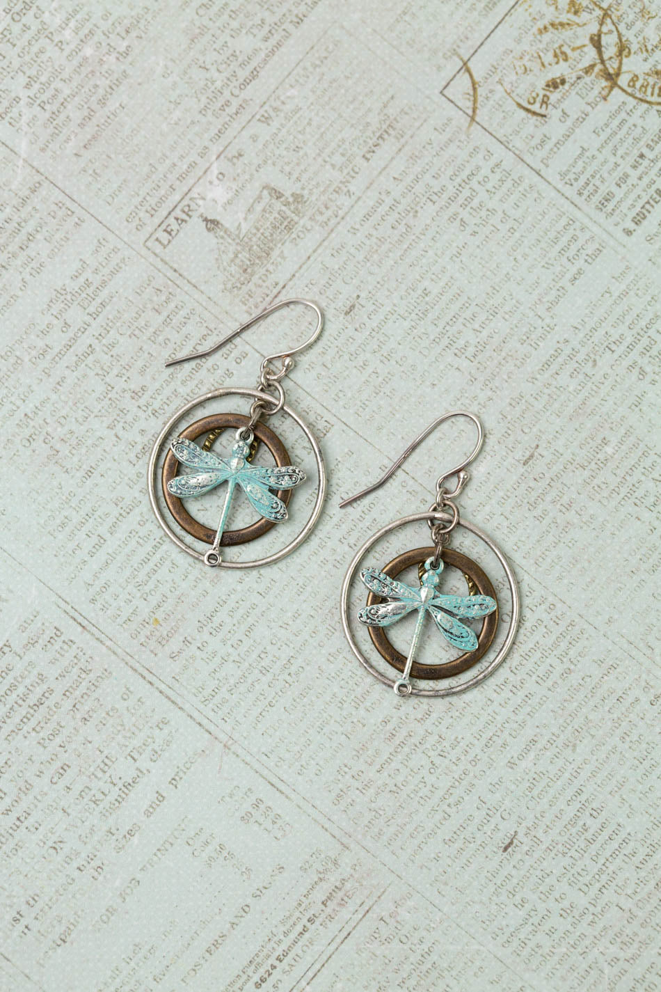 Wisdom Within Patina Antique Silver Dragonfly Hoop Earrings