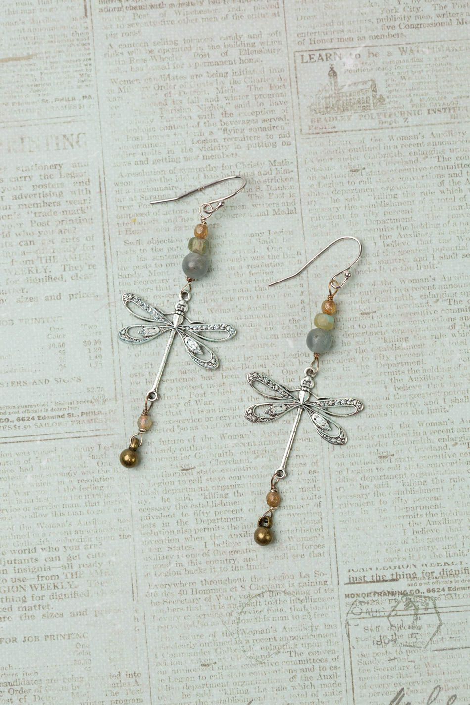 Wisdom Within Kyanite, Czech Glass With Patina Antique Silver Dragonfly Cluster Earrings