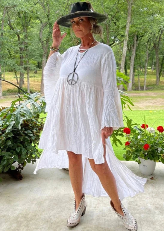 Front view of Cotton Hi-Lo Bell Sleeve Tunic on model, worn as dress.
