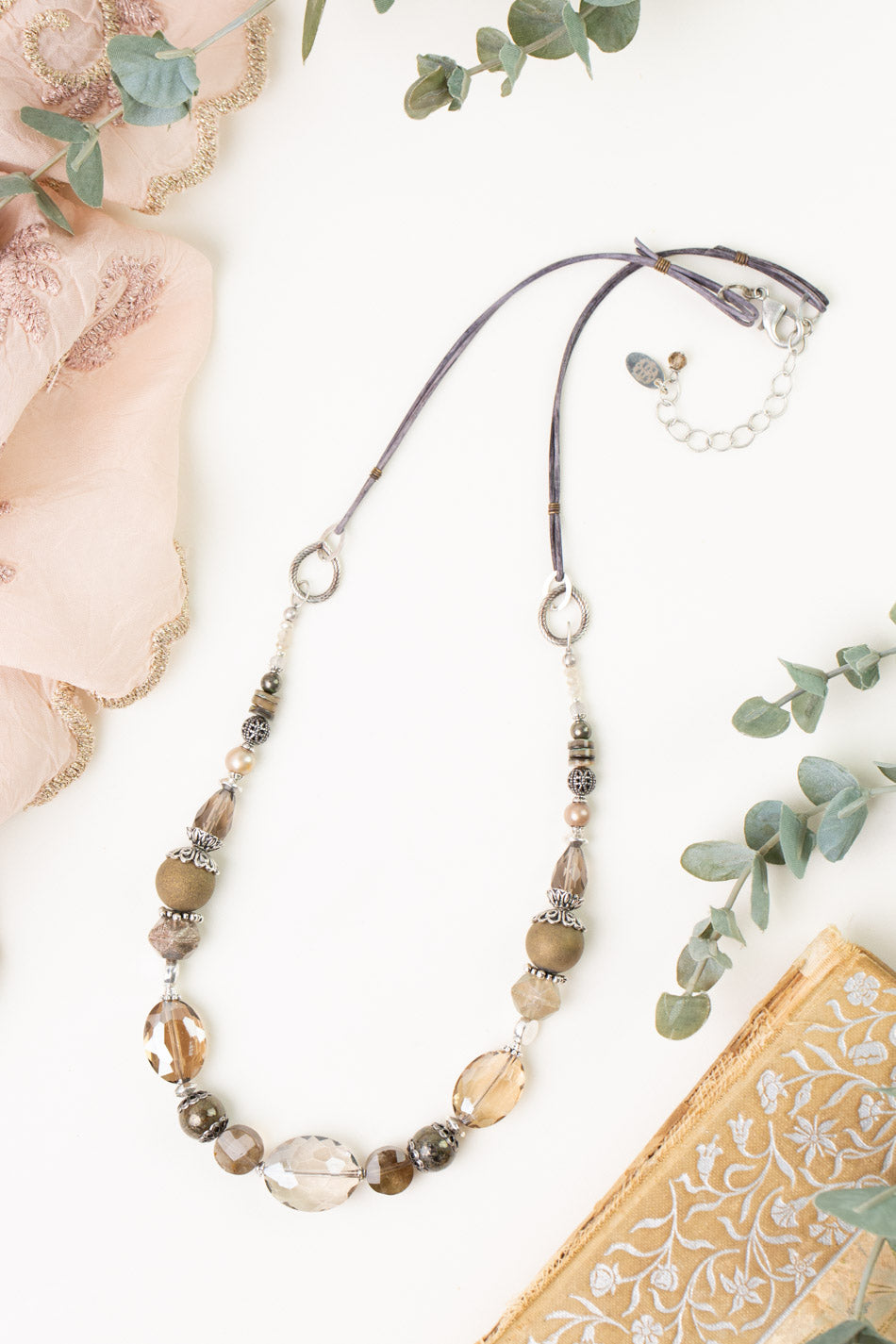 Windsor Castle 23.5-25.5&quot; Smoky Quartz, Crystal, Pyrite Statement Necklace