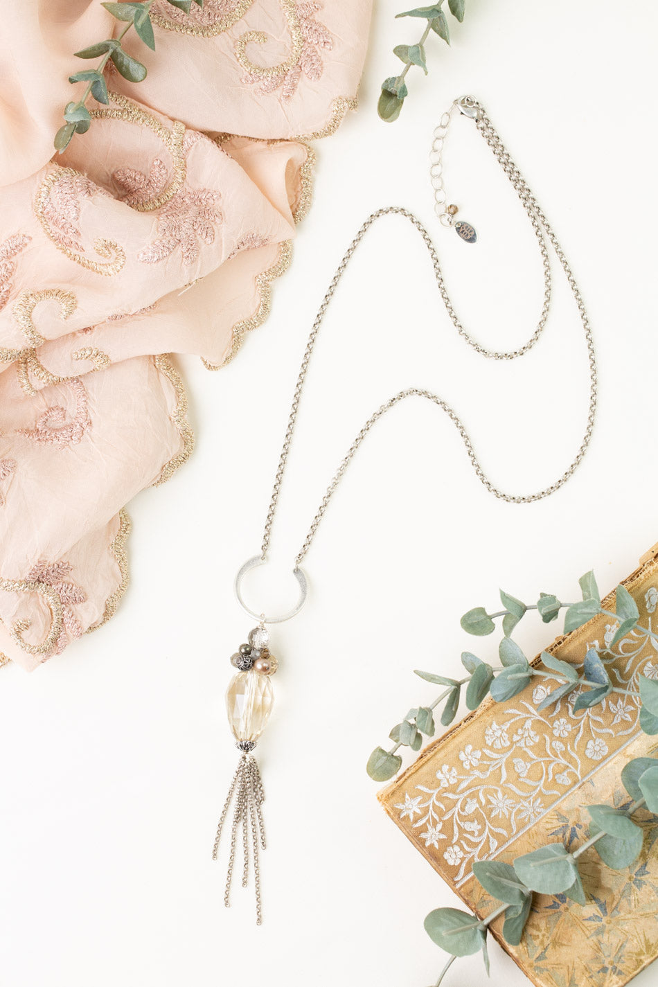 Windsor Castle 25.5-27.5&quot; Labradorite, Pearl, Pyrite Tassel Necklace
