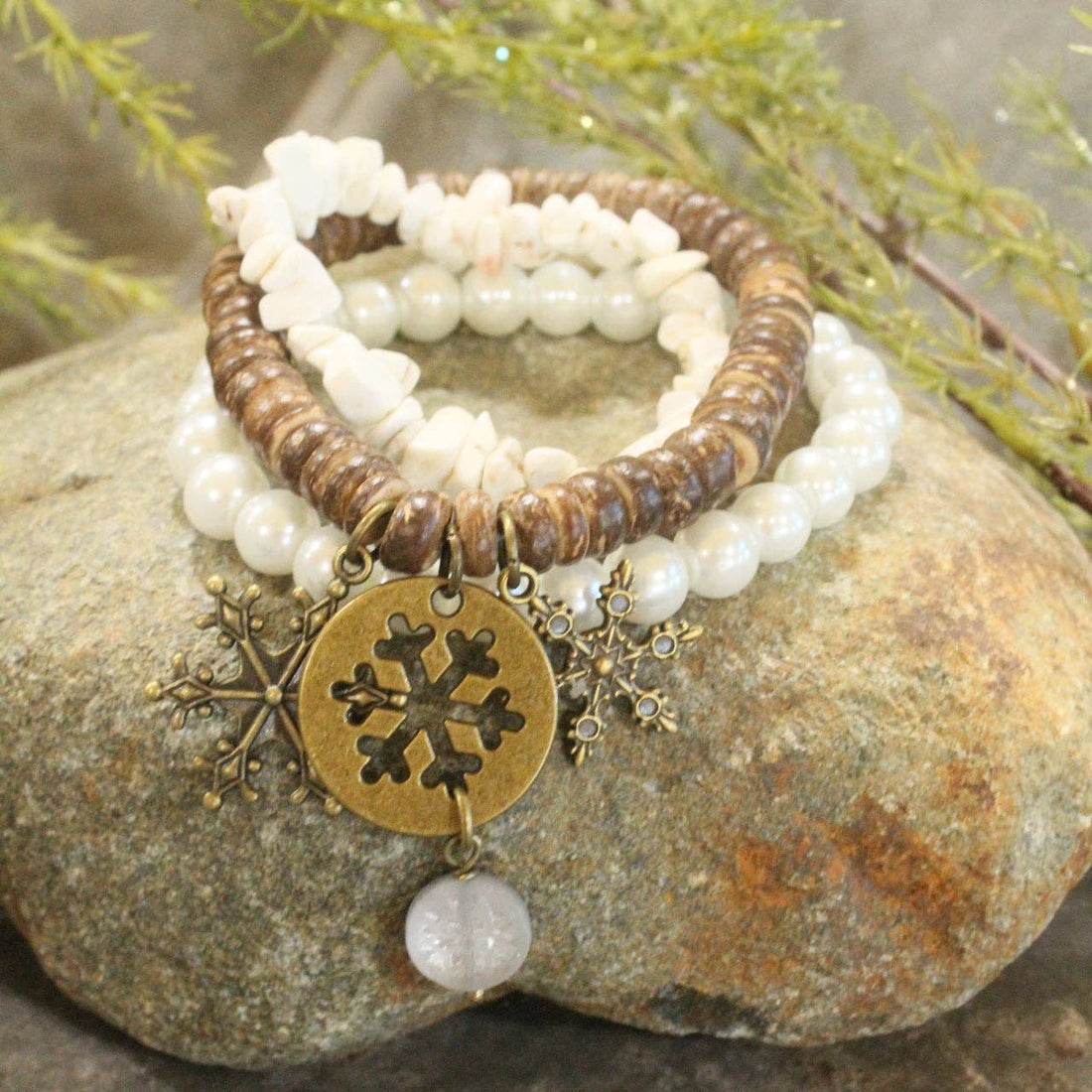 Czech Stone &amp; Bronze Snowflake Stretch White Bracelet Set