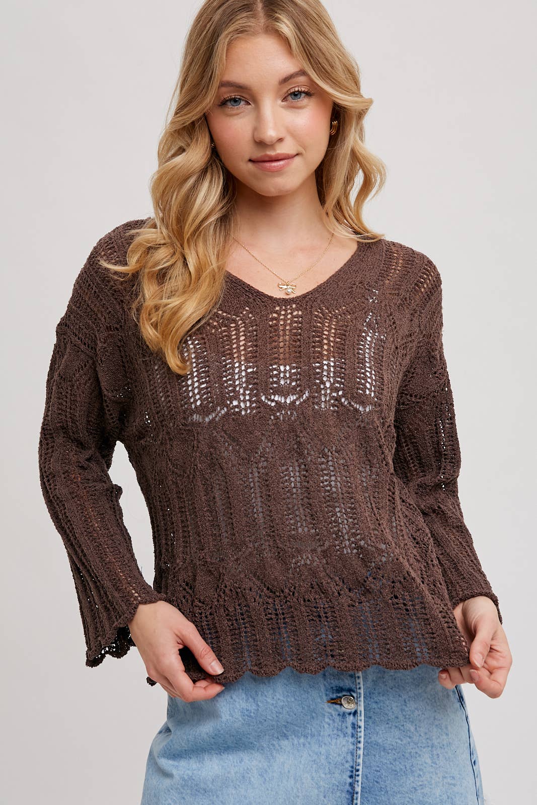 Open Knit Sweater V-Neck Pullover COFFEE