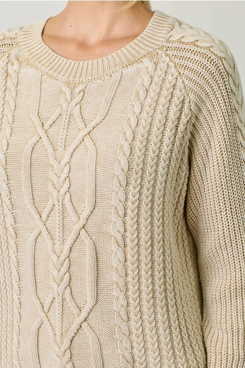 Washed Cable Knit Sweater - Almond