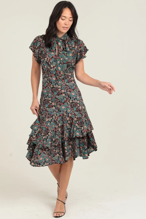 Tie Neck Ruffle Hem Print Midi Dress