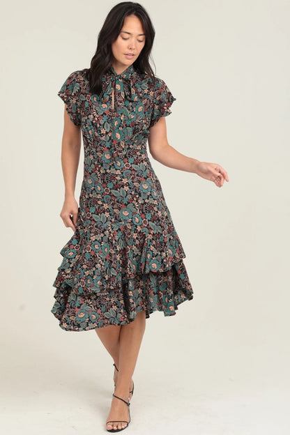 Tie Neck Ruffle Hem Print Midi Dress