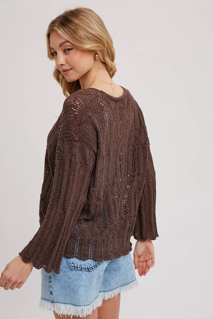 Open Knit Sweater V-Neck Pullover COFFEE