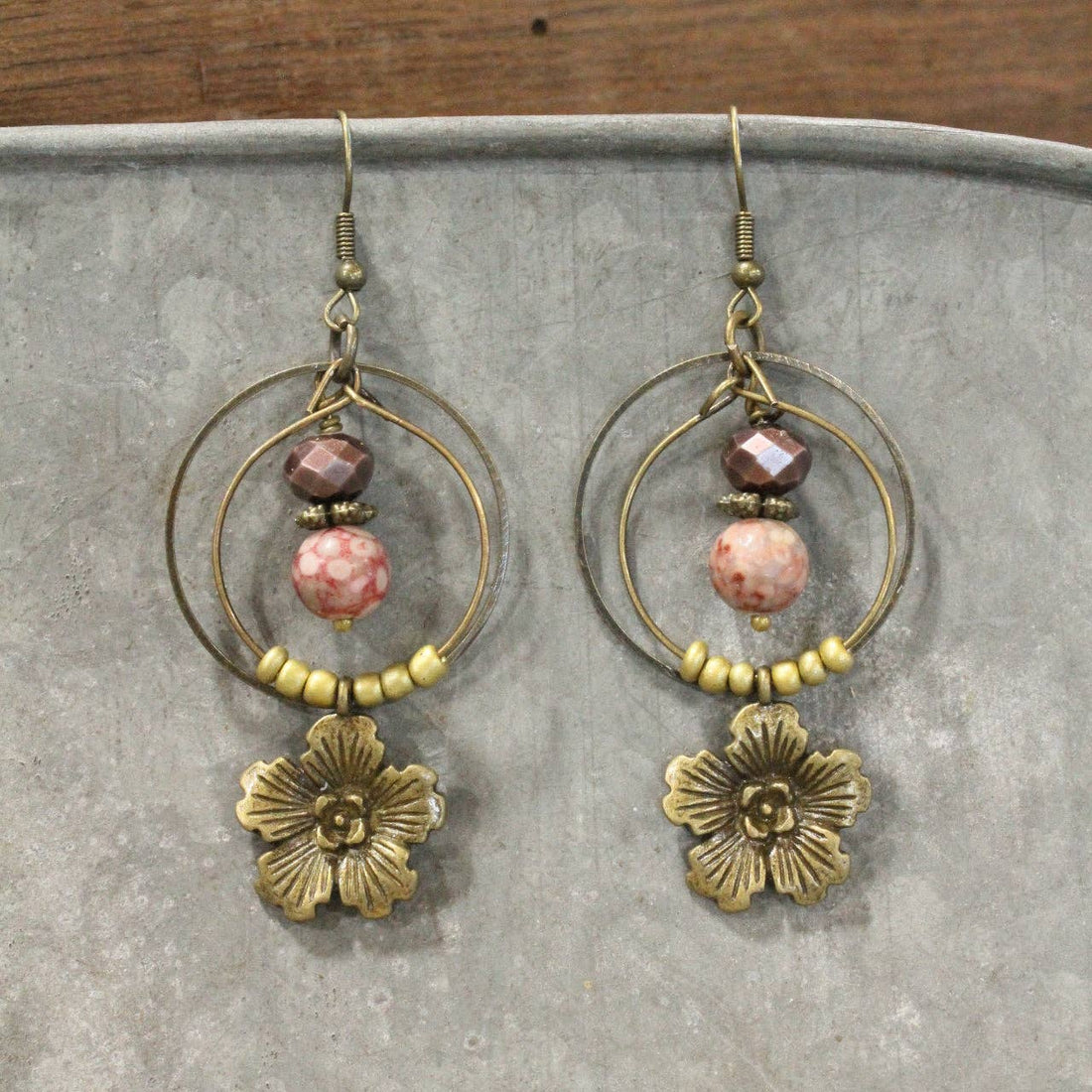 Mauve &amp; Bronze Flowers Dangle Earrings