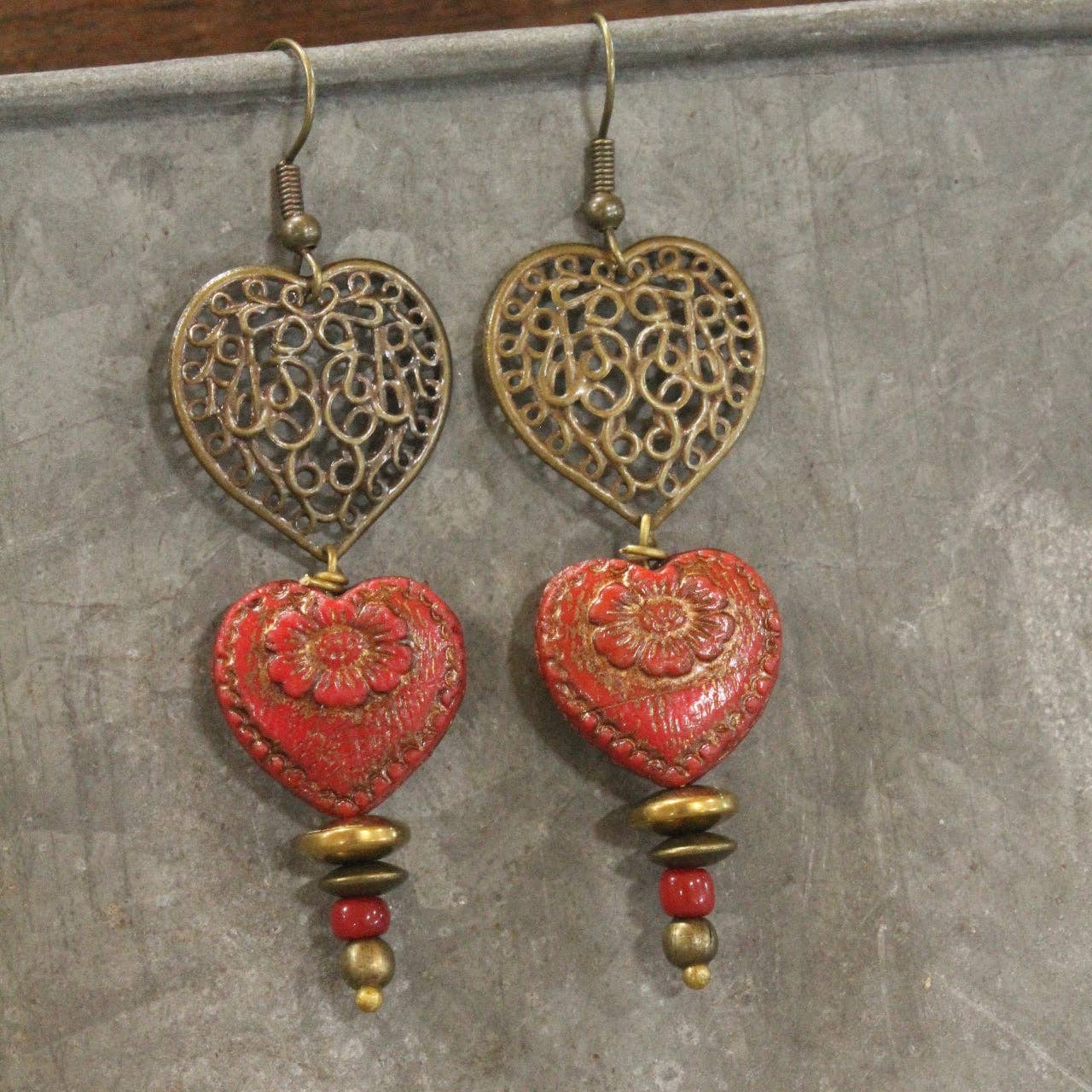 Red Czech Double Heart Earrings Valentine