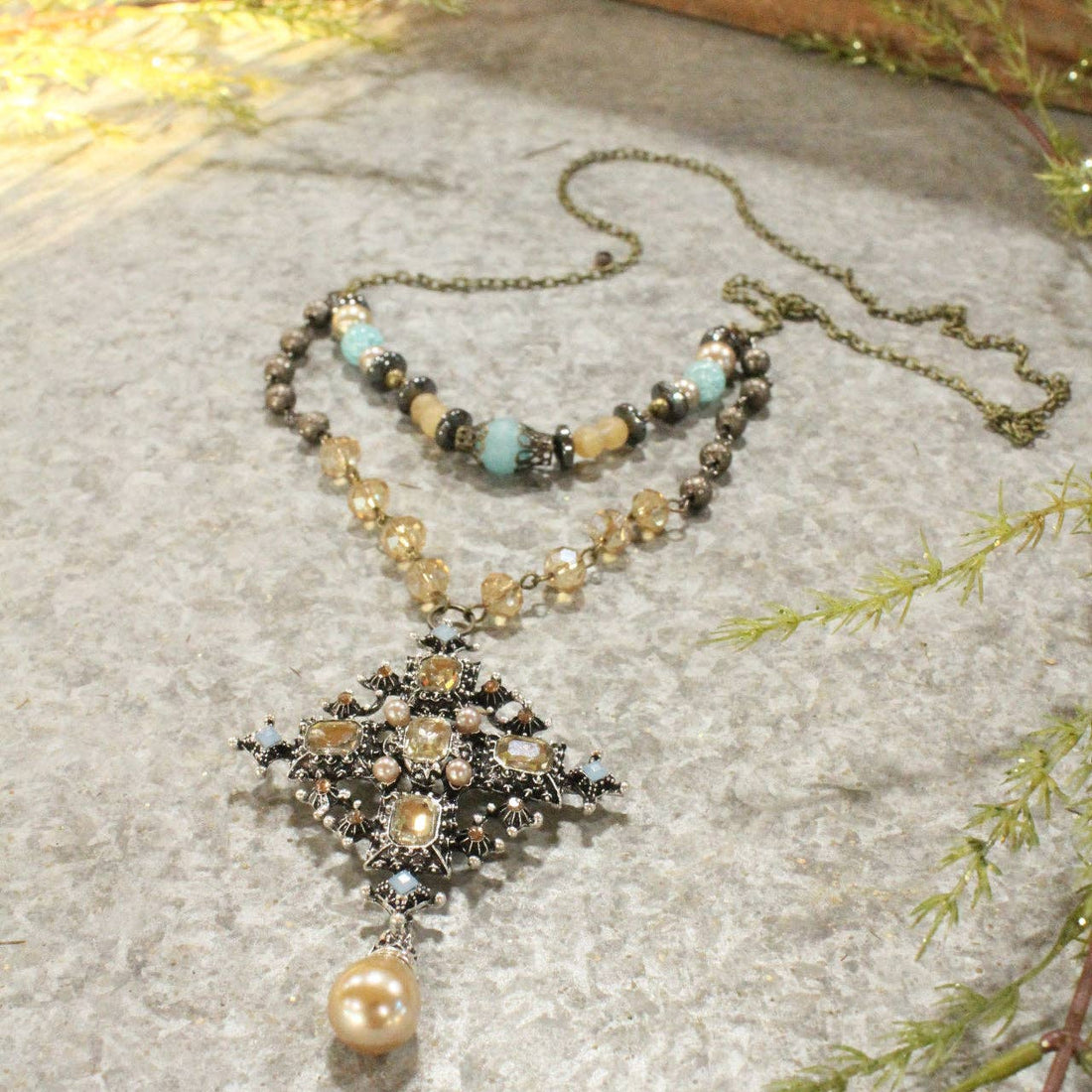 Classy Blue &amp; Topaz Glass With Mixed Metals Layered Necklace