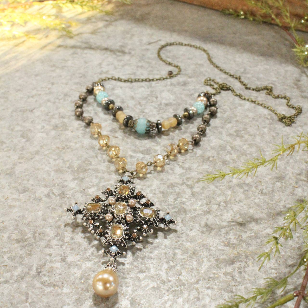 Classy Blue &amp; Topaz Glass With Mixed Metals Layered Necklace