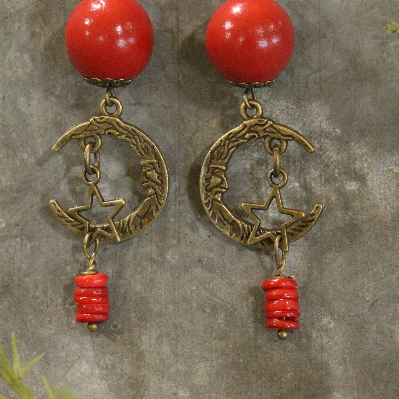 Bronze Santa Moon &amp; Stars Earring Drops