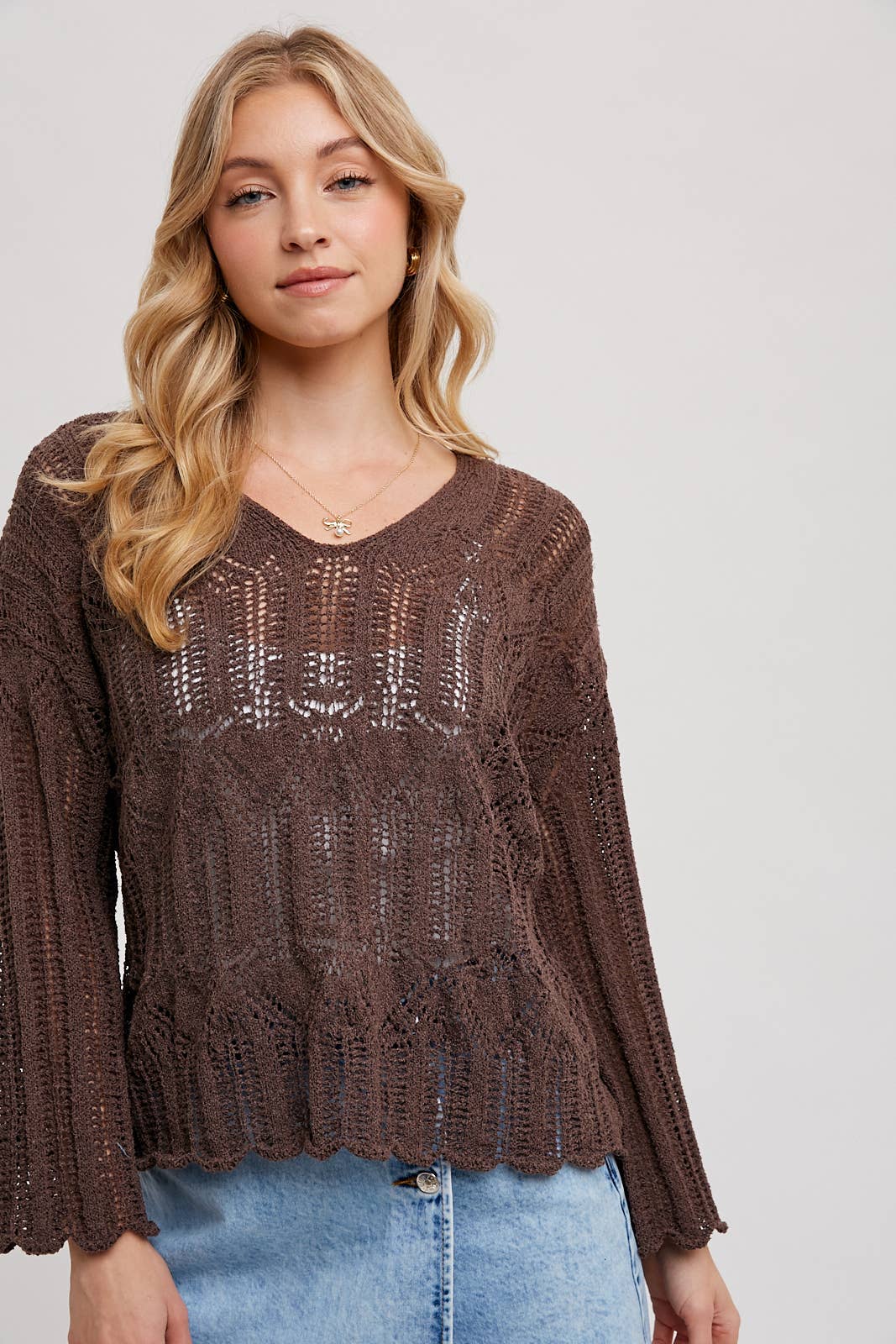 Open Knit Sweater V-Neck Pullover COFFEE