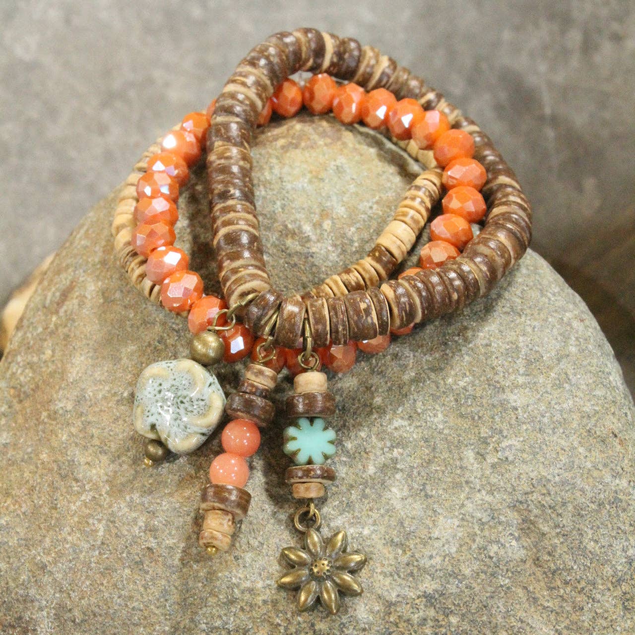 Flower &amp; Stone Drop Layered Bead &amp; Czech Stretch Bracelets - Vintage Vault Boutique