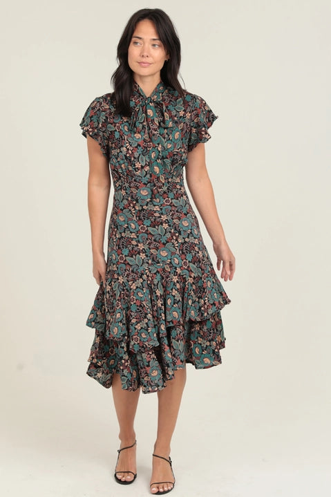 Tie Neck Ruffle Hem Print Midi Dress