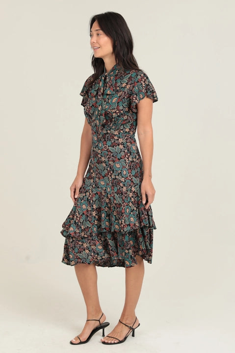 Tie Neck Ruffle Hem Print Midi Dress