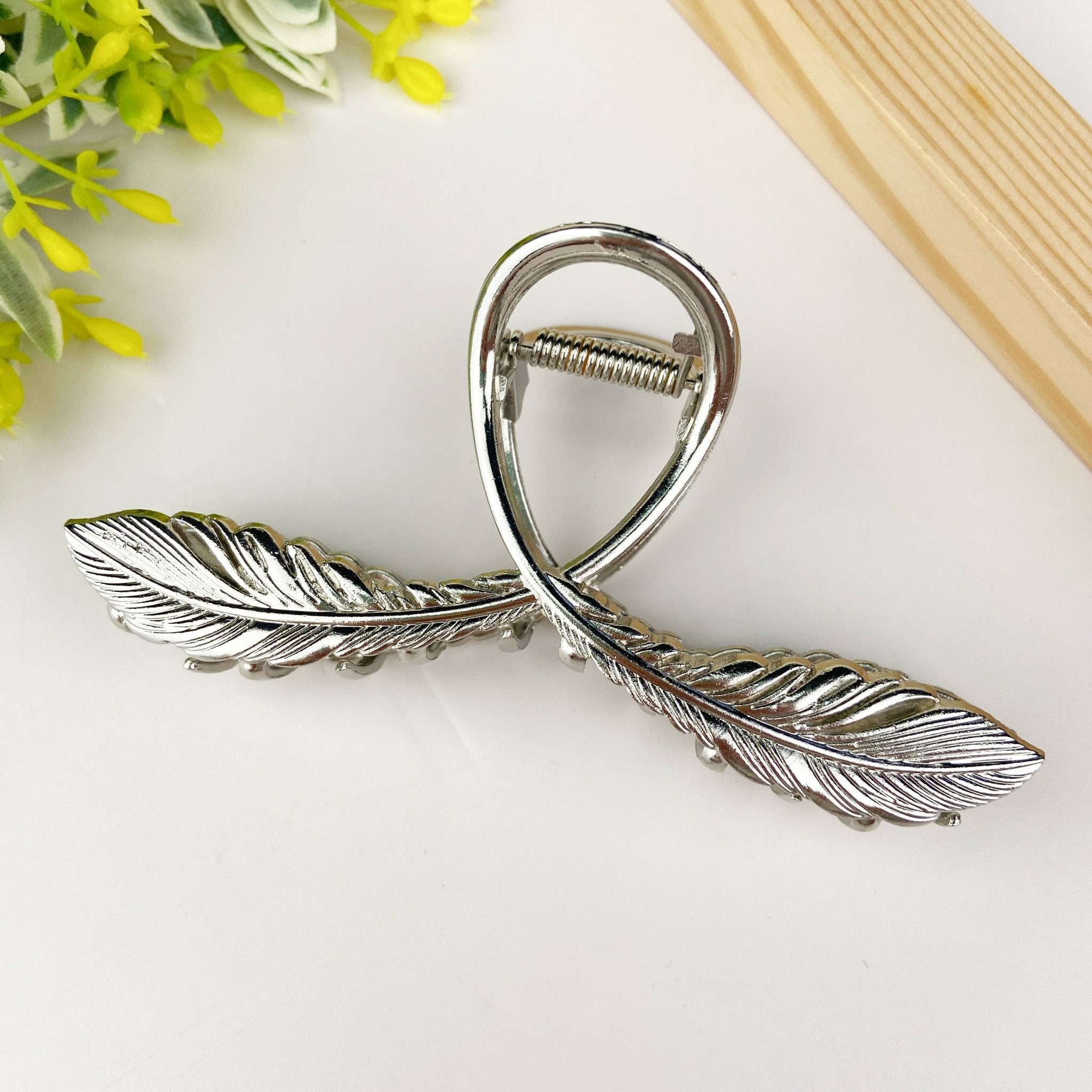 Metal Feather Cross Hair Clip - Silver - Vintage Vault Boutique