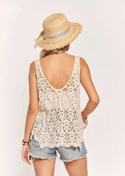 Beige Leaf Pattern Crochet Tank Top 