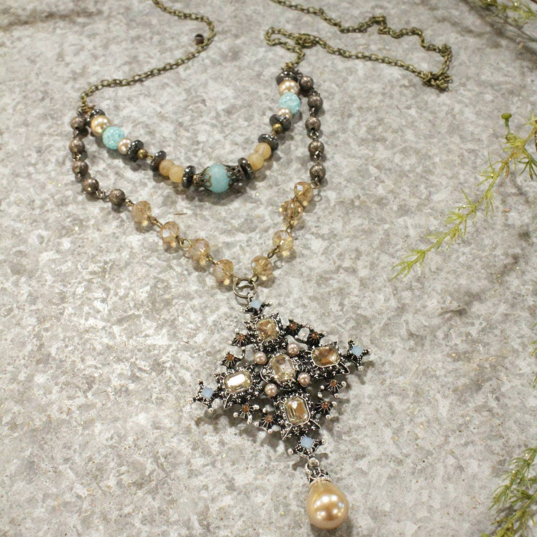 Classy Blue &amp; Topaz Glass With Mixed Metals Layered Necklace