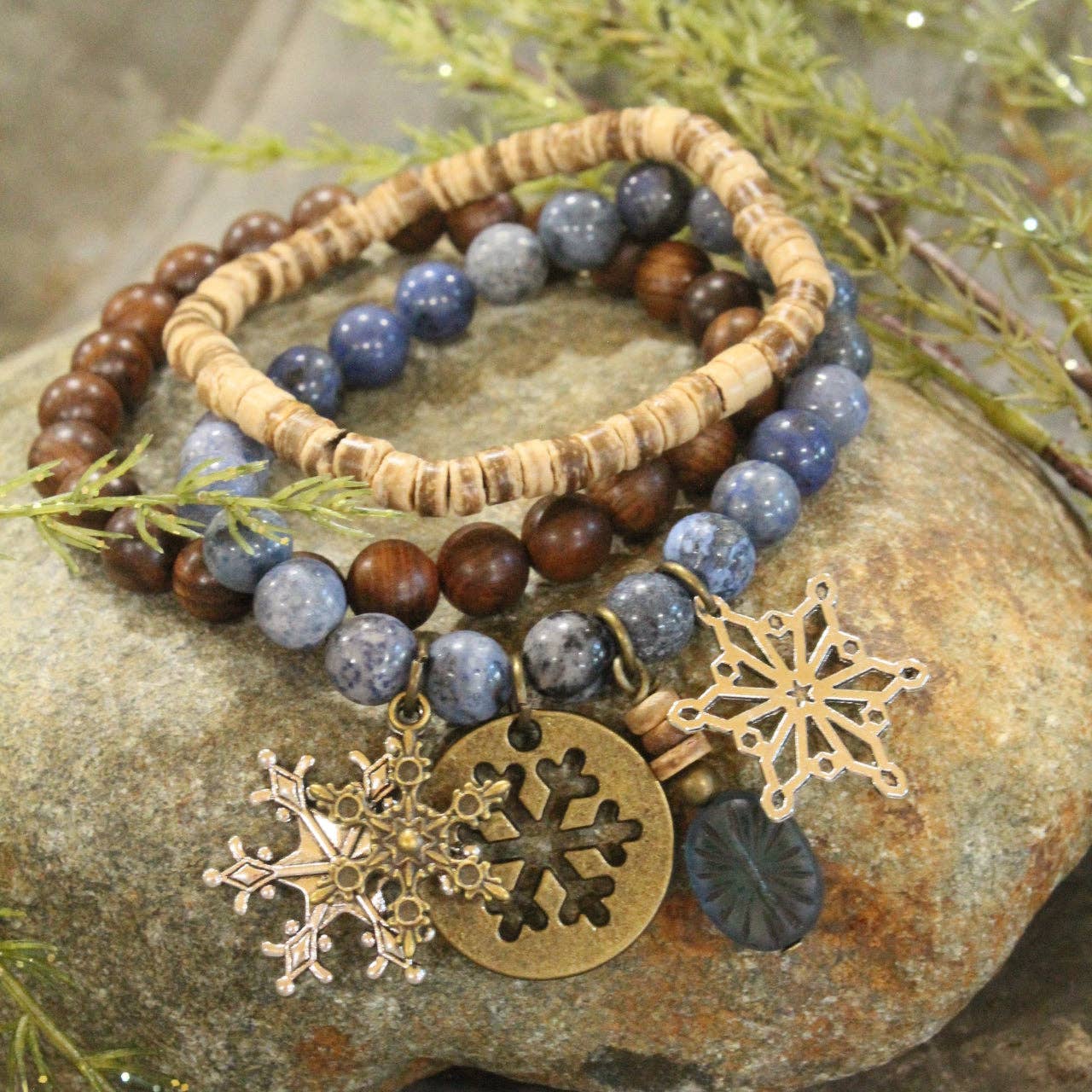 Czech Stone &amp; Bronze Snowflake Stretch Blue Bracelet Set