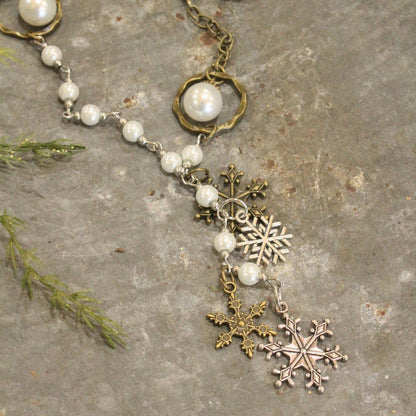 Mixed Metals Adorned With Pearls &amp; Snowflakes Pendant Necklace