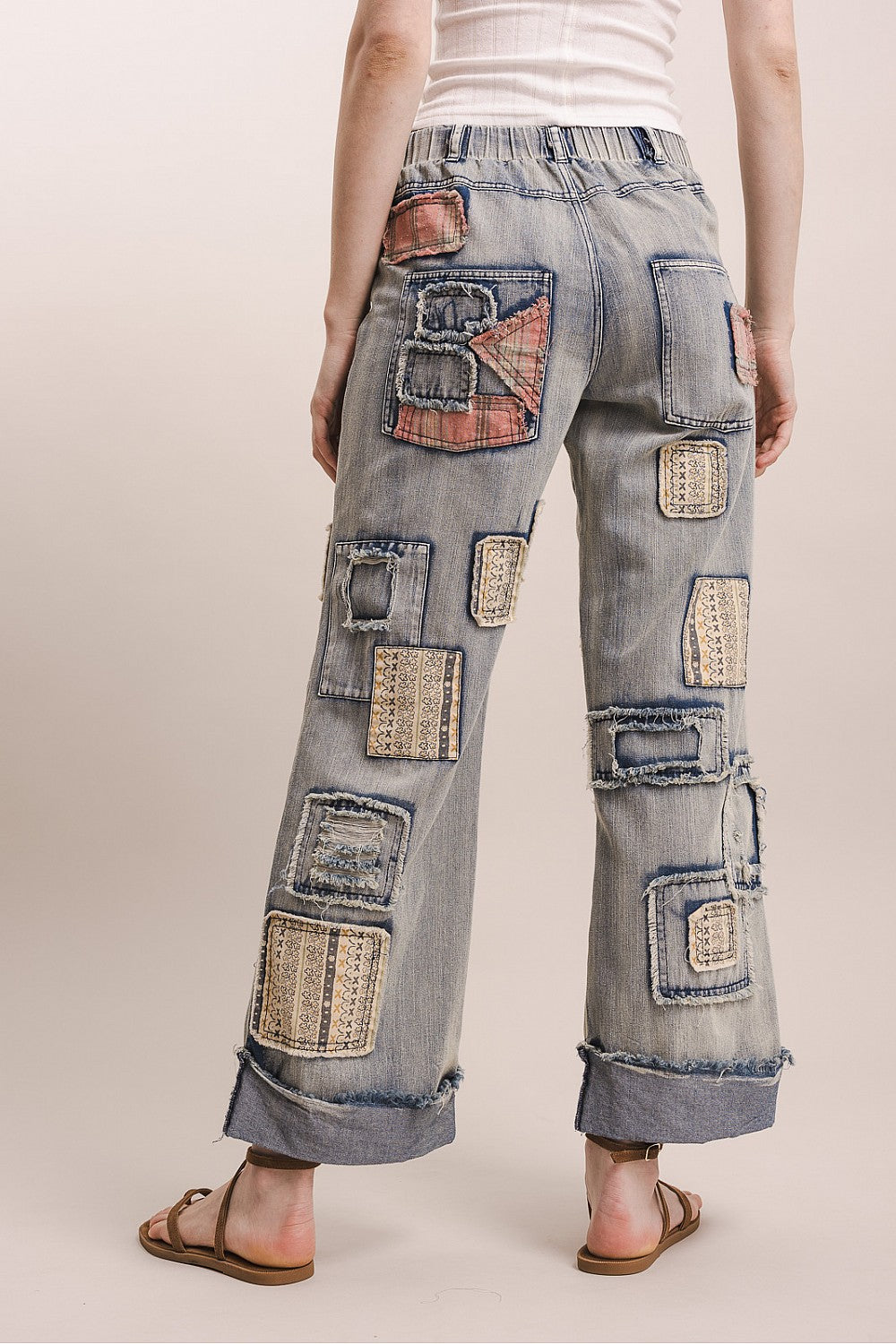 Embroidered Patchwork Denim Pants