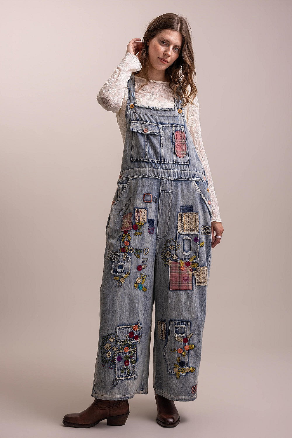 Embroidered Patchwork Denim Overalls