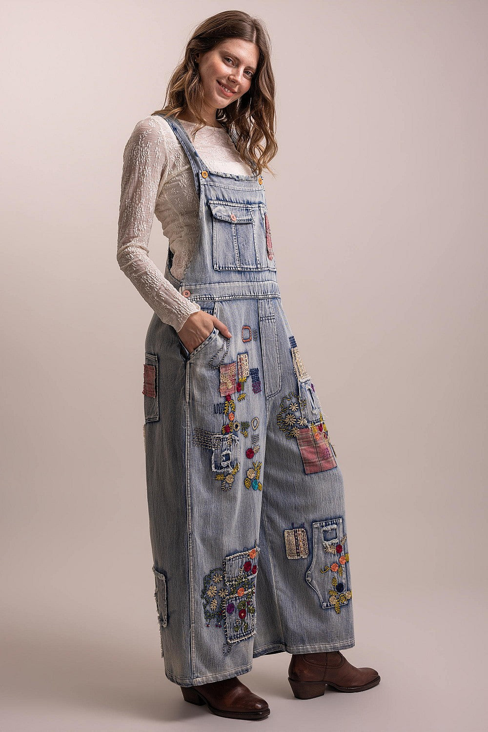 Embroidered Patchwork Denim Overalls