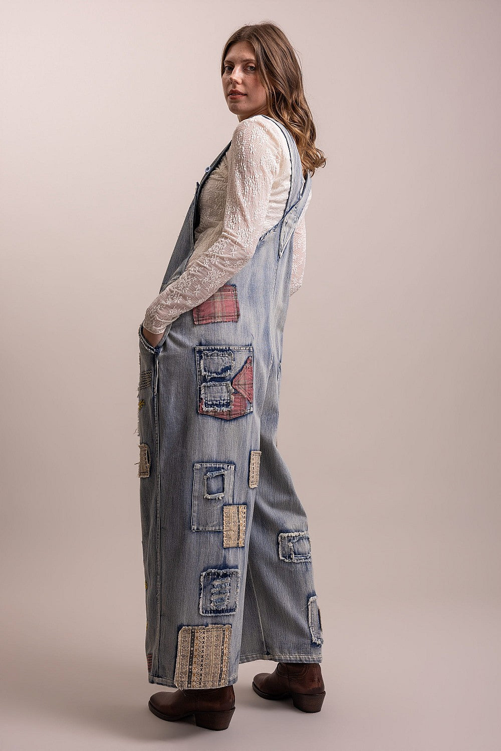 Embroidered Patchwork Denim Overalls