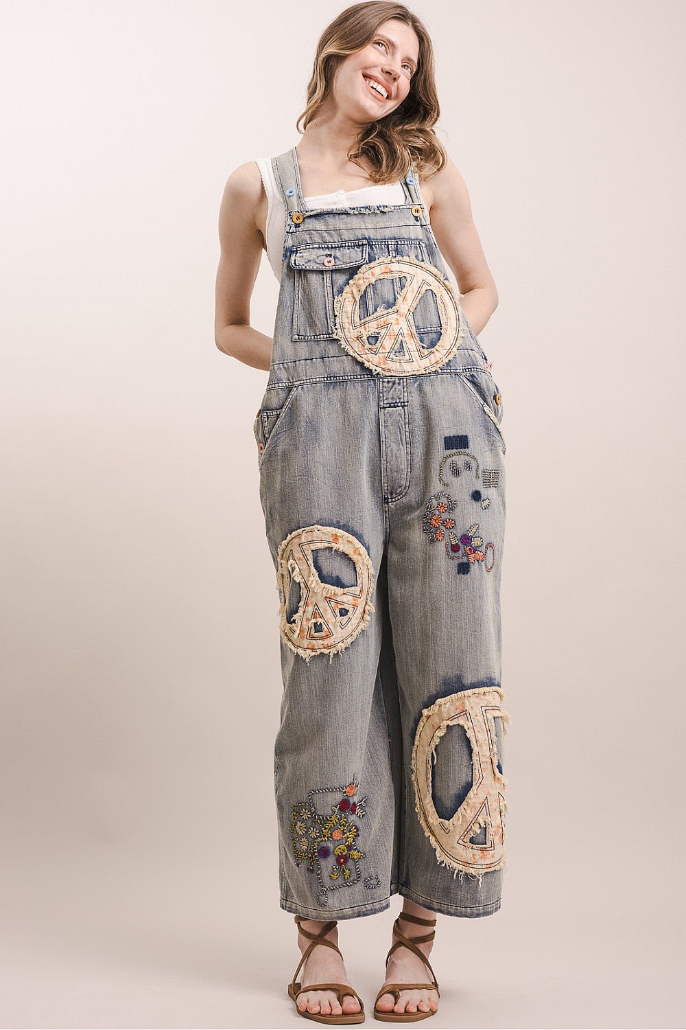 Peace Patchwork Denim Overalls