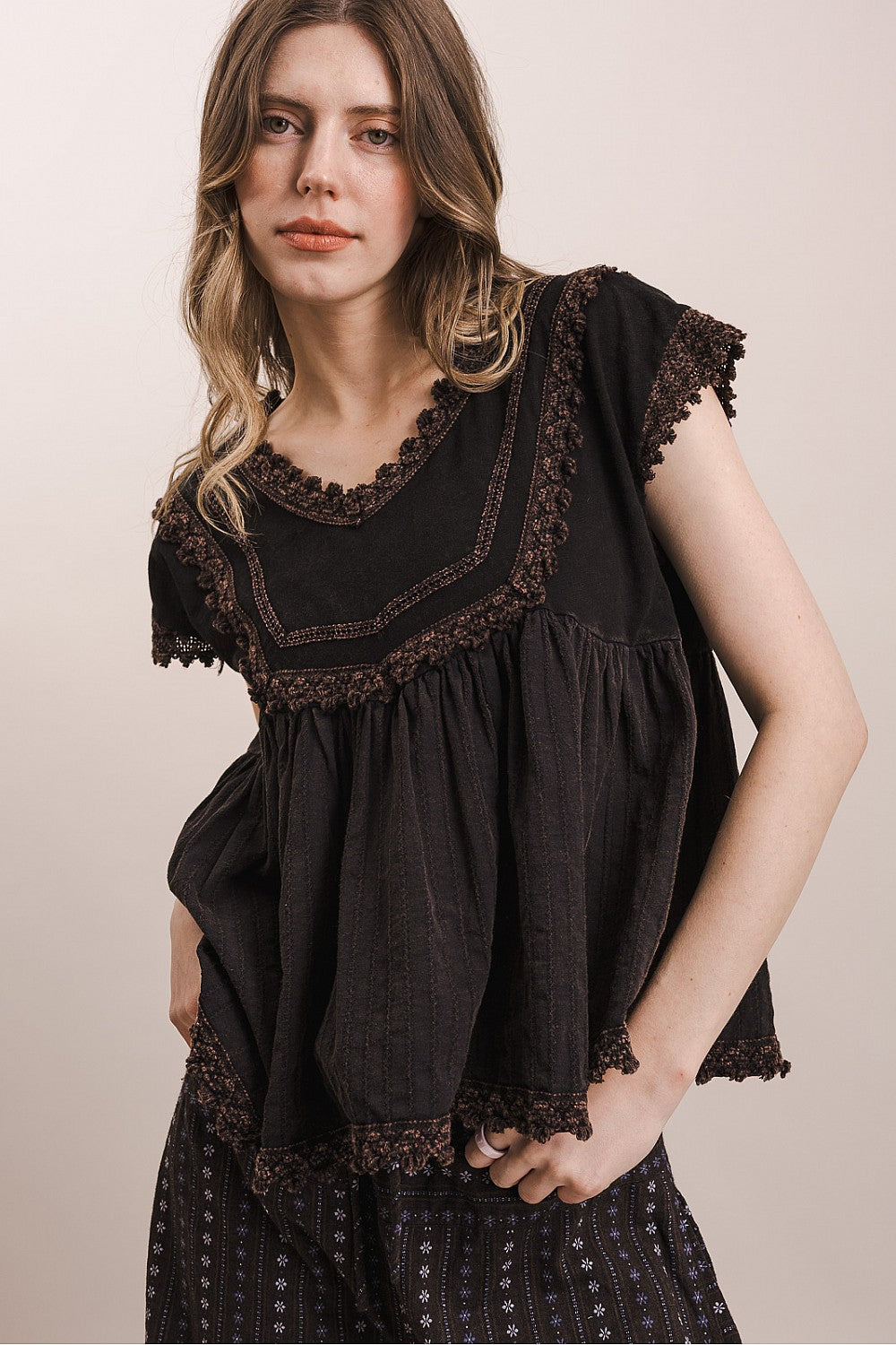 V-Neck Baby Doll Top Black