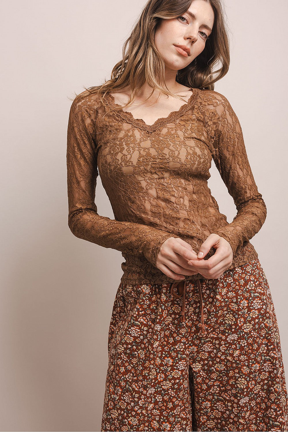 V-Neck Mesh Layering Top Brown