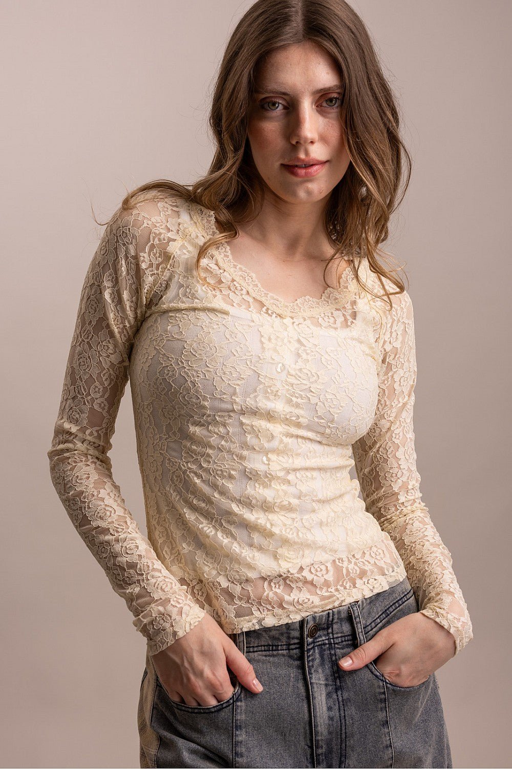 V-Neck Mesh Layering Top Cream - Vintage Vault Boutique