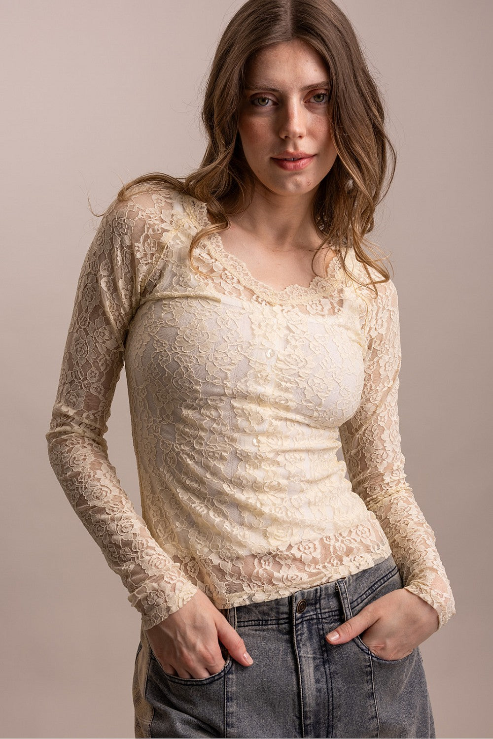 V-Neck Mesh Layering Top Cream