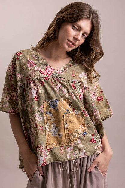 Flower Print Patchwork Loose Top