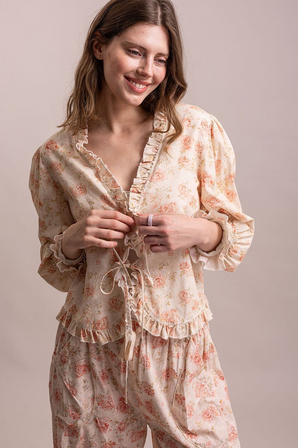 Flower Print Tie Front Top