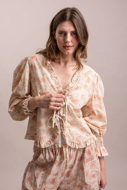 Flower Print Tie Front Top