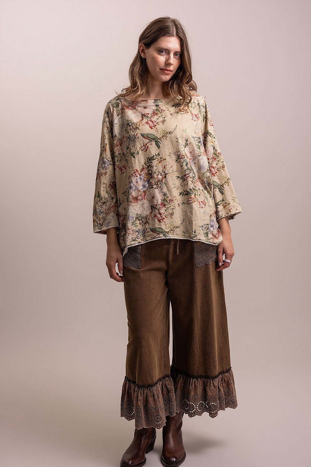 Taupe Flower Print 3/4 Sleeve Top - Vintage Vault Boutique