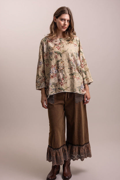 Taupe Flower Print 3/4 Sleeve Top - Vintage Vault Boutique