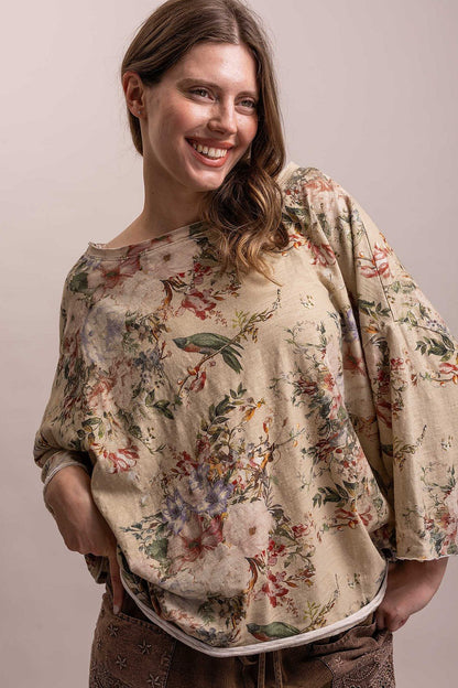 Taupe Flower Print 3/4 Sleeve Top - Vintage Vault Boutique