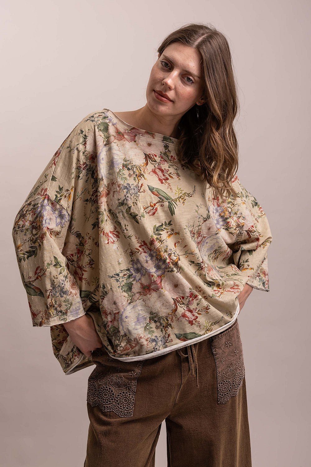 Taupe Flower Print 3/4 Sleeve Top - Vintage Vault Boutique