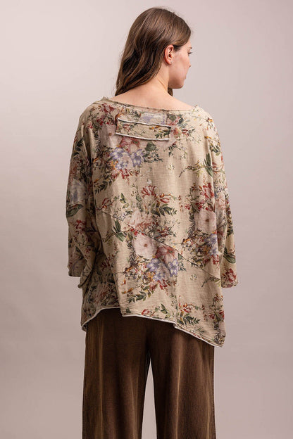 Taupe Flower Print 3/4 Sleeve Top - Vintage Vault Boutique